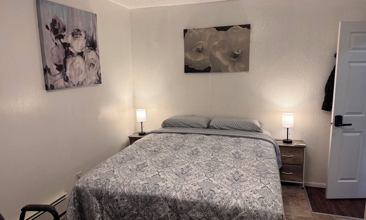 Fairbanks Apartment | Studio with a Queen bed, shower cabin and toilet, shared access to free laundry
