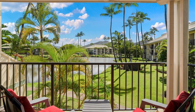 Kauai Beach Villas E-15 view the Freshwater Lagoon & Tropical Garden